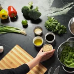 A counter with a spread of many food ingredients.