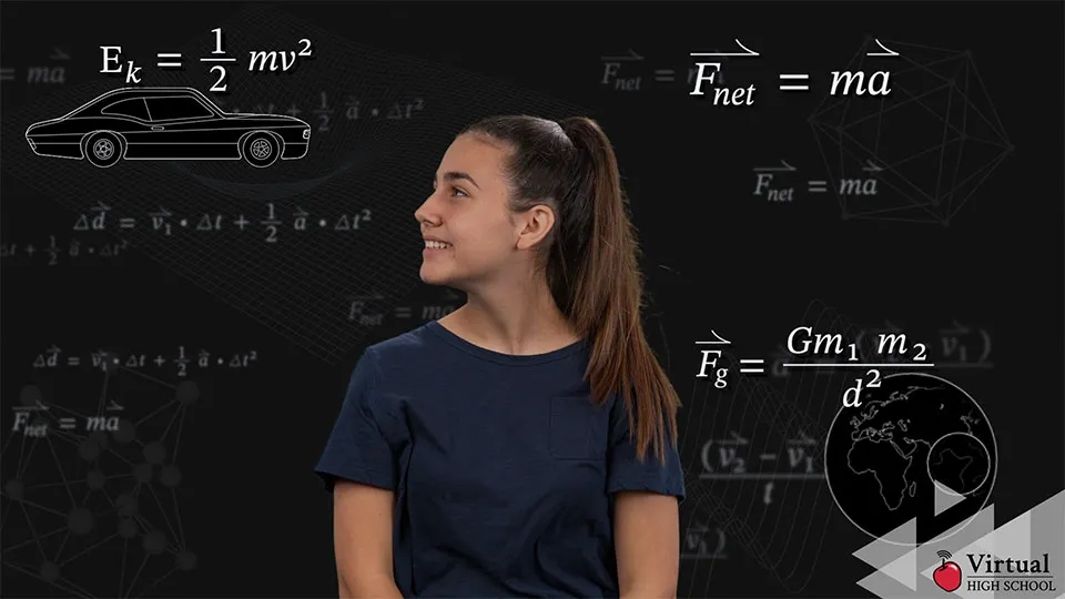 A smiling young woman surrounded by equations on a chalkboard.