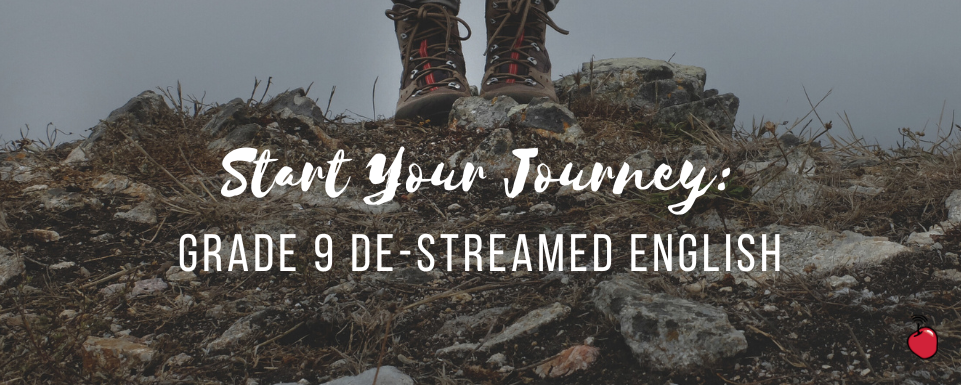 hiking boots on top of a mountain image with start your journey grade 9 streamed english text.
