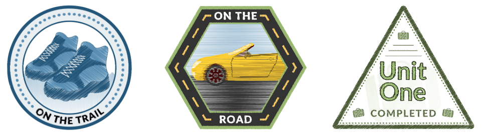 A set of badges with the words on the trail, on the road, and unit one completed on them.