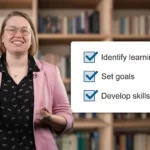 A woman standing in front of a bookshelf with the words identify learning styles, set goals, and develop skills.